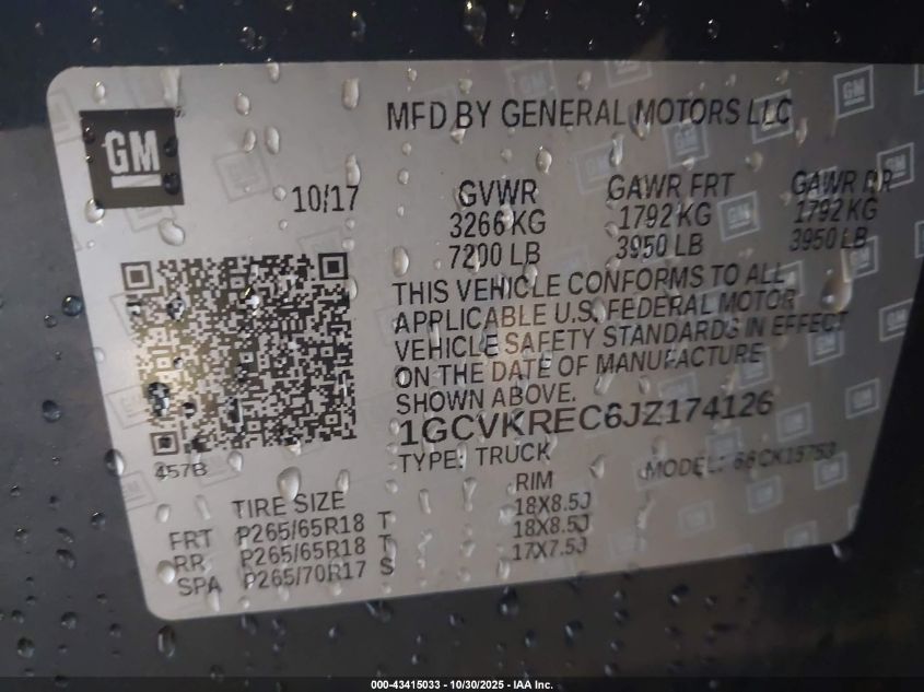 2018 Chevrolet Silverado 1500 2Lt VIN: 1GCVKREC6JZ174126 Lot: 43415033