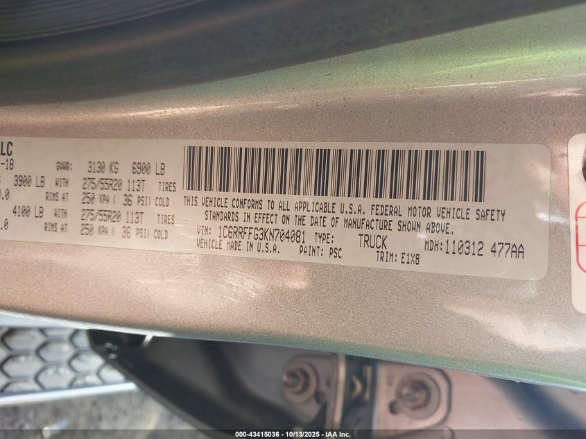 2019 RAM 1500 BIG HORN/LONE STAR  4X4 5'7 BOX 1C6RRFFG3KN704081