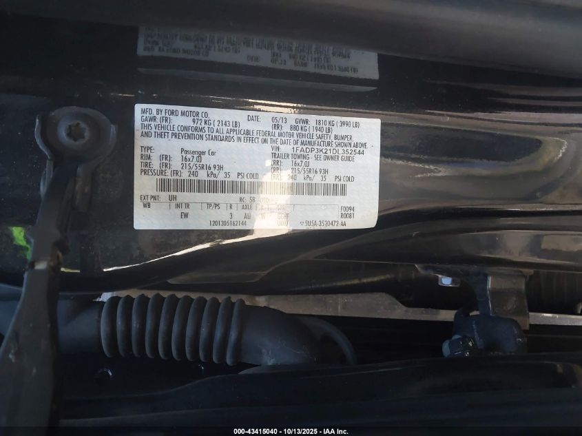 2013 Ford Focus Se VIN: 1FADP3K21DL352544 Lot: 43415040