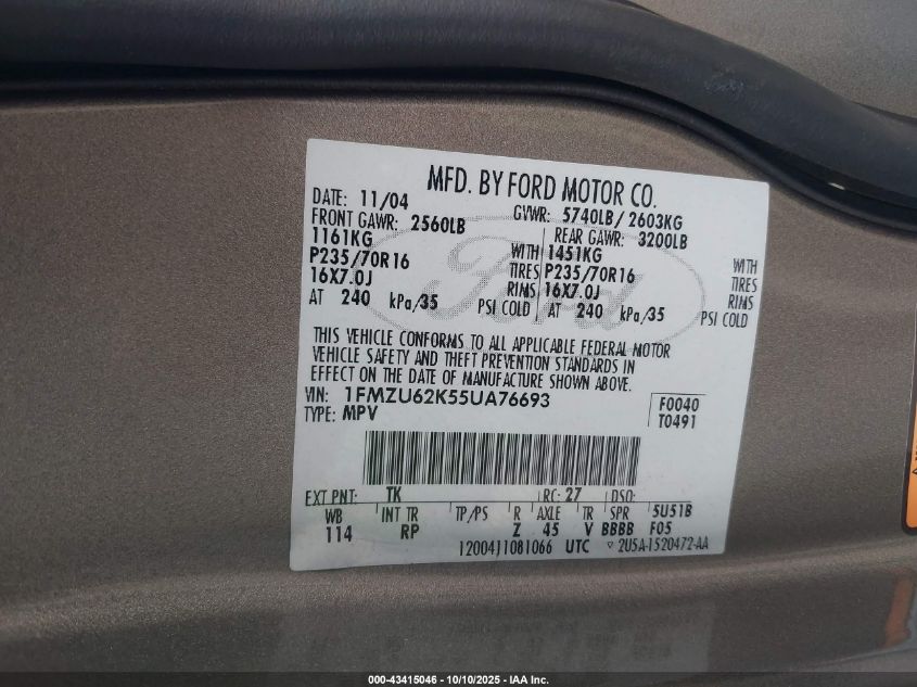 2005 Ford Explorer Xls/Xls Sport VIN: 1FMZU62K55UA76693 Lot: 43415046