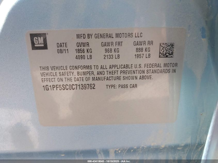 2012 Chevrolet Cruze 1Lt VIN: 1G1PF5SC0C7139762 Lot: 43415045