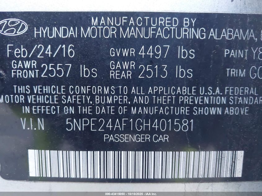 2016 Hyundai Sonata VIN: 5NPE24AF1GH401581 Lot: 43415050