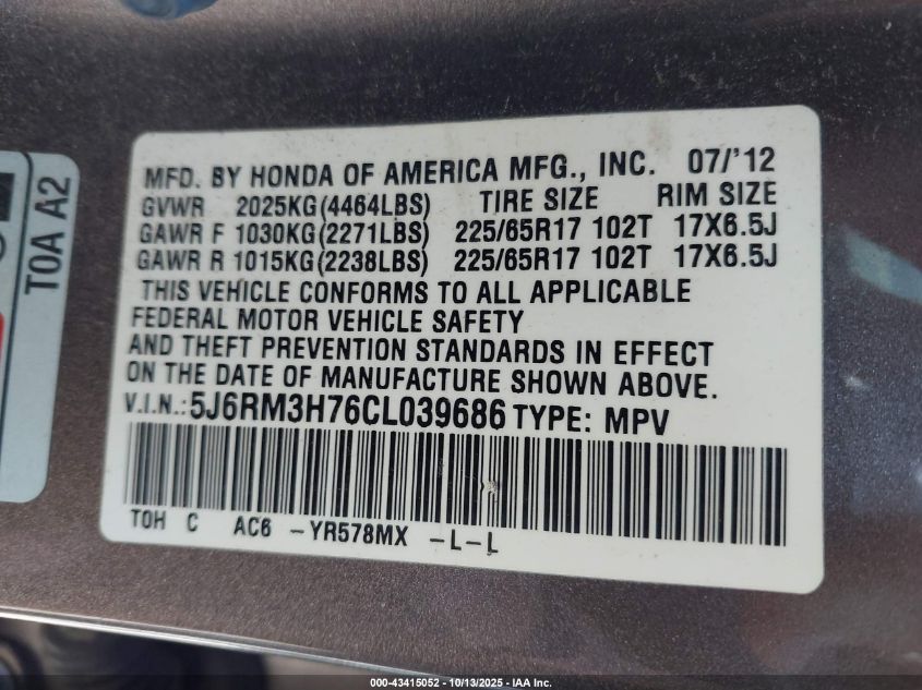 2012 Honda Cr-V Ex-L VIN: 5J6RM3H76CL039686 Lot: 43415052