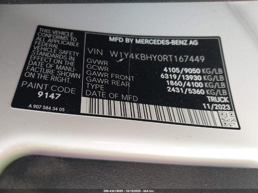 2024 Mercedes-Benz Sprinter 2500 Standard Roof 4-Cyl Diesel VIN: W1Y4KBHY0RT167449 Lot: 43415059