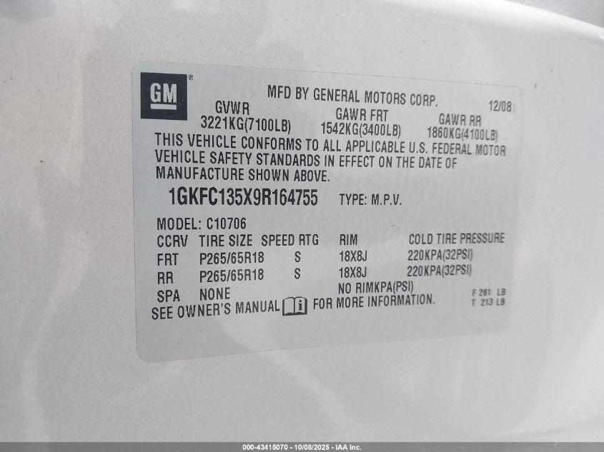 2009 GMC Yukon Hybrid VIN: 1GKFC135X9R164755 Lot: 43415070