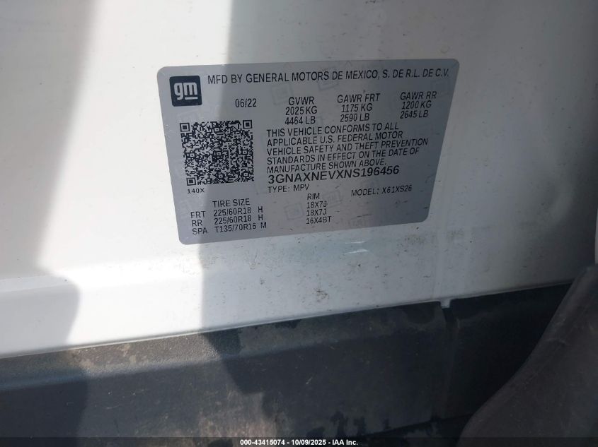 2022 Chevrolet Equinox Fwd Premier VIN: 3GNAXNEVXNS196456 Lot: 43415074