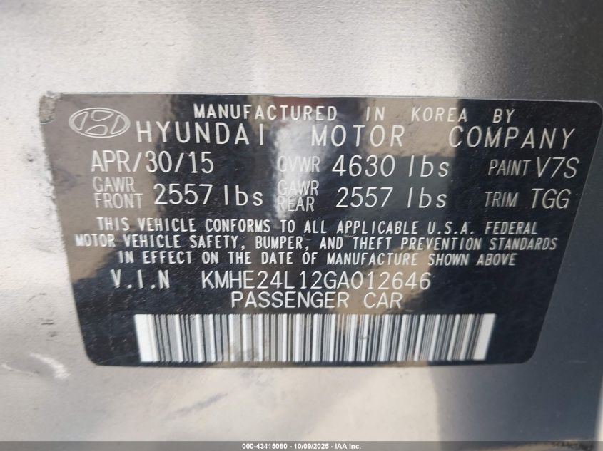 2016 Hyundai Sonata Hybrid Se VIN: KMHE24L12GA012646 Lot: 43415080