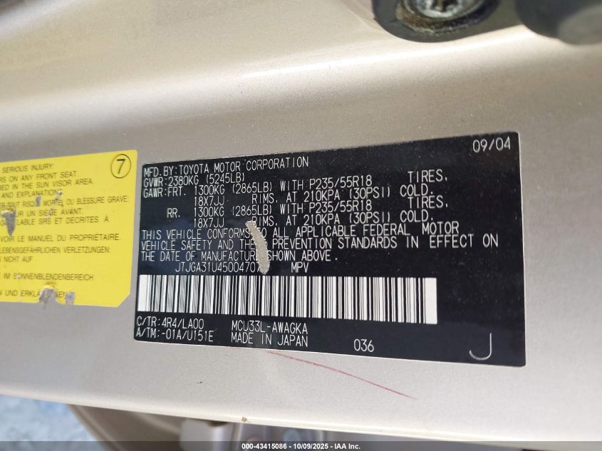 2005 Lexus Rx 330 VIN: JTJGA31U450047079 Lot: 43415086