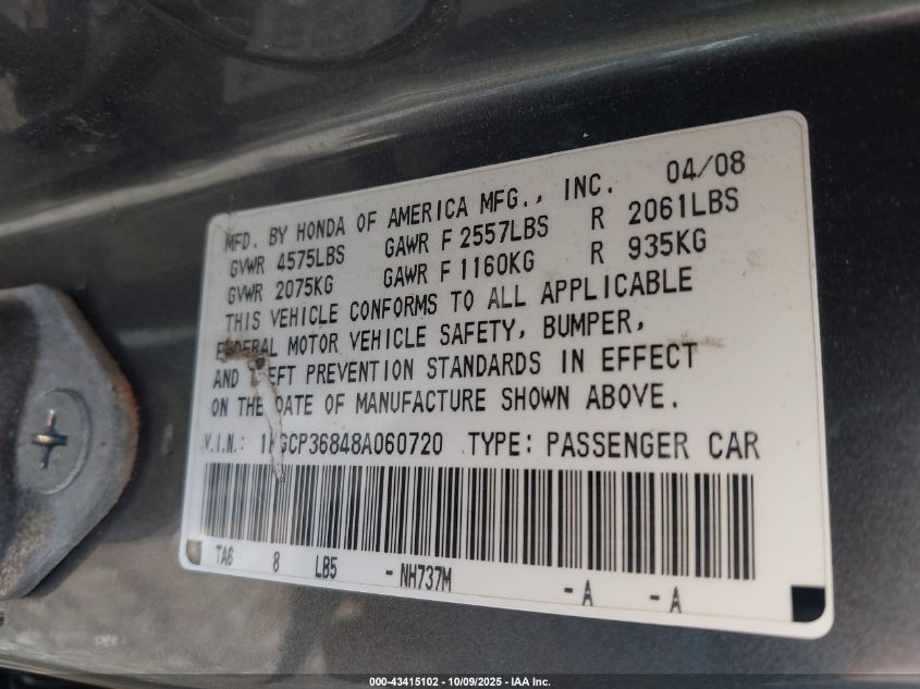 2008 Honda Accord 3.5 Ex-L VIN: 1HGCP36848A060720 Lot: 43415102