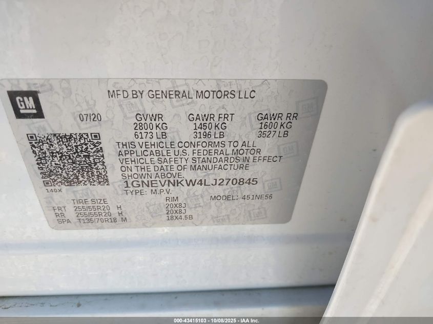 2020 Chevrolet Traverse Awd High Country VIN: 1GNEVNKW4LJ270845 Lot: 43415103