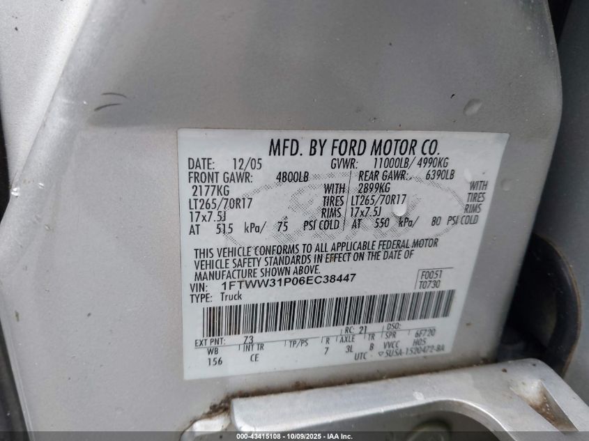 2006 Ford F-350 Lariat/Xl/Xlt VIN: 1FTWW31P06EC38447 Lot: 43415108