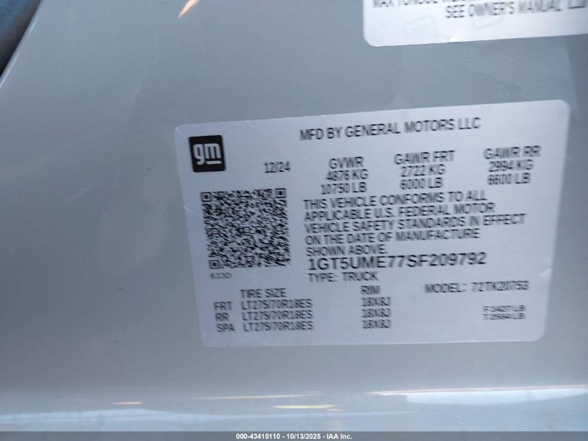 2025 GMC Sierra 2500Hd 4Wd Standard Bed Sle VIN: 1GT5UME77SF209792 Lot: 43415110