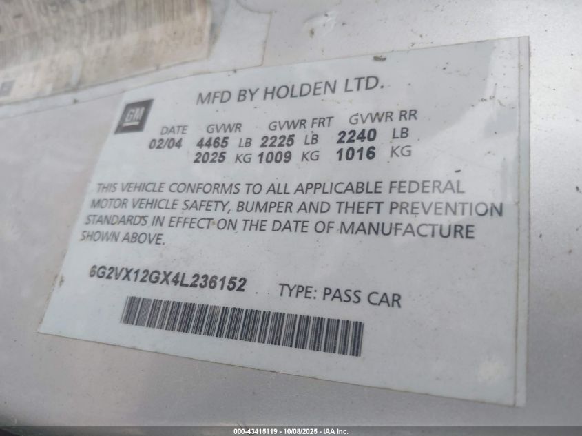 2004 Pontiac Gto VIN: 6G2VX12GX4L236152 Lot: 43415119