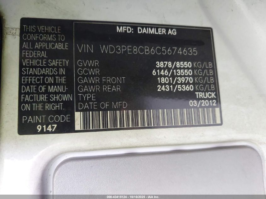 2012 Mercedes-Benz Sprinter 2500 High Roof VIN: WD3PE8CB6C5674635 Lot: 43415124