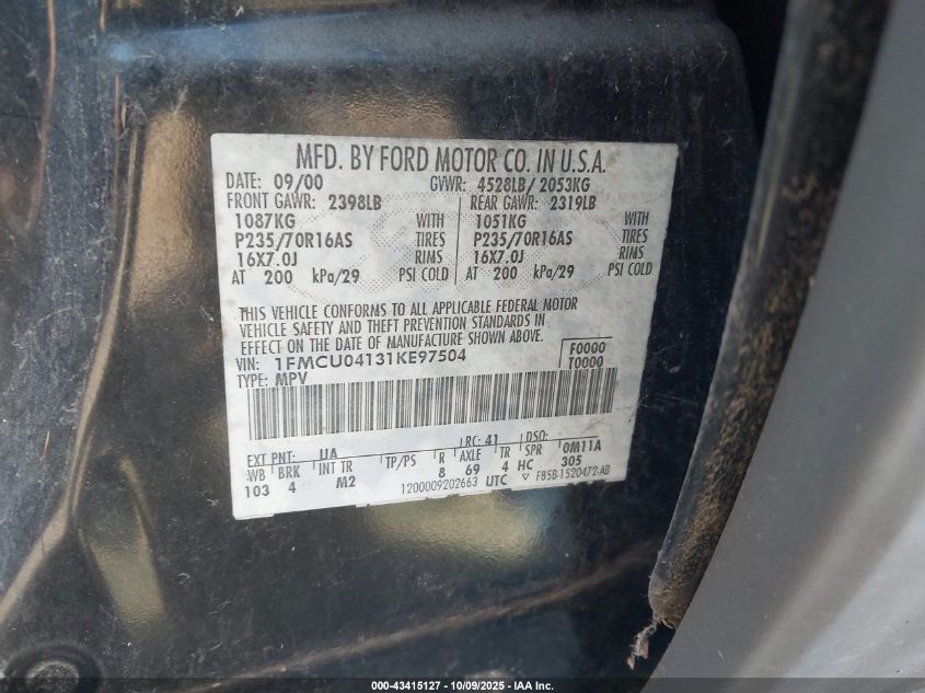 2001 Ford Escape Xlt VIN: 1FMCU04131KE97504 Lot: 43415127