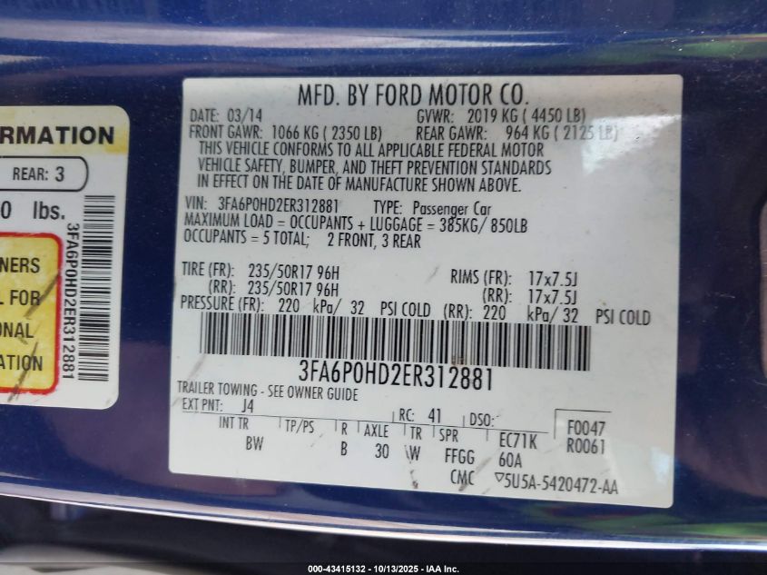 2014 Ford Fusion Se VIN: 3FA6P0HD2ER312881 Lot: 43415132