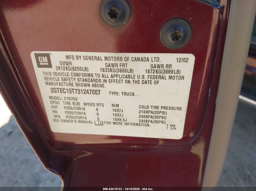 2003 GMC Sierra 1500 Sle VIN: 2GTEC19T731247007 Lot: 43415133