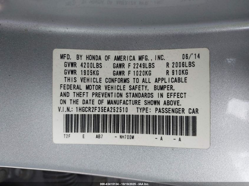 2014 Honda Accord Lx VIN: 1HGCR2F35EA252510 Lot: 43415134