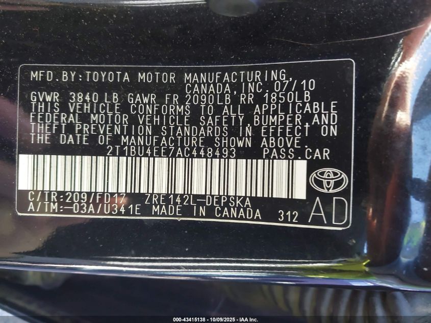 2010 Toyota Corolla S VIN: 2T1BU4EE7AC448493 Lot: 43415138