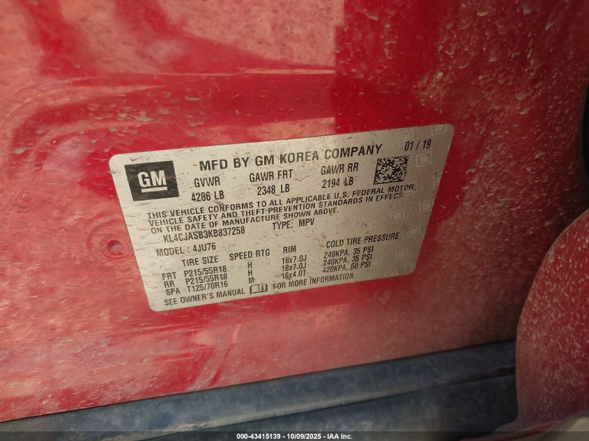 2019 Buick Encore Fwd Preferred VIN: KL4CJASB3KB837258 Lot: 43415139