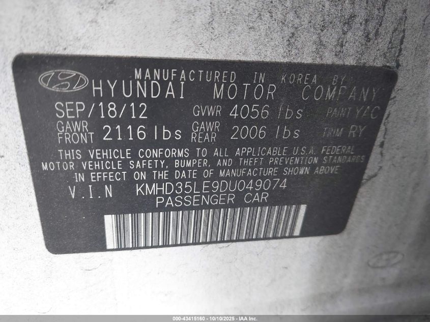 2013 Hyundai Elantra Gt VIN: KMHD35LE9DU049074 Lot: 43415160