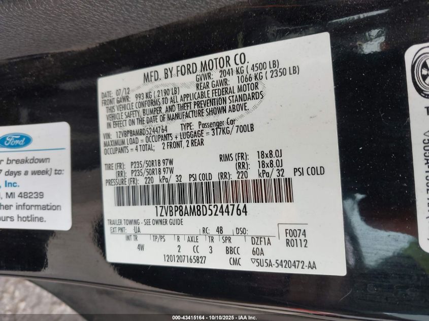 2013 Ford Mustang V6 Premium VIN: 1ZVBP8AM8D5244764 Lot: 43415164