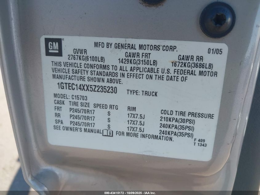 2005 GMC Sierra 1500 VIN: 1GTEC14XX5Z235230 Lot: 43415172