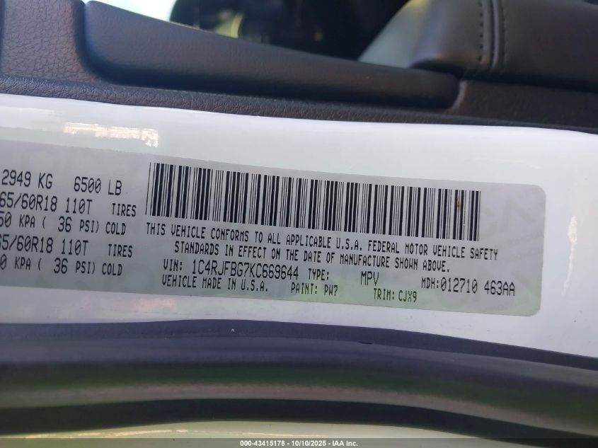 2019 Jeep Grand Cherokee Limited 4X4 VIN: 1C4RJFBG7KC669644 Lot: 43415178