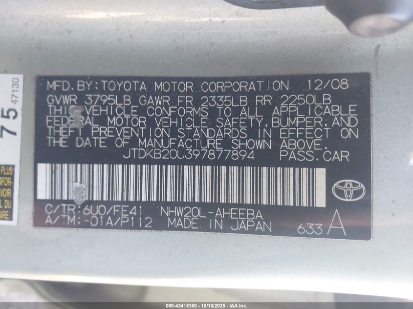 2009 Toyota Prius VIN: JTDKB20U397877894 Lot: 43415180