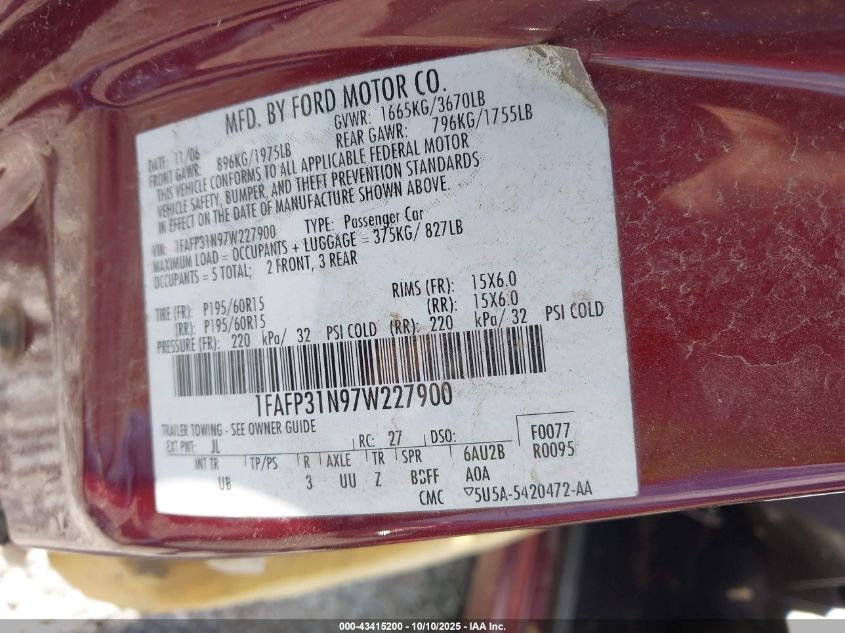2007 Ford Focus S/Se/Ses VIN: 1FAFP31N97W227900 Lot: 43415200