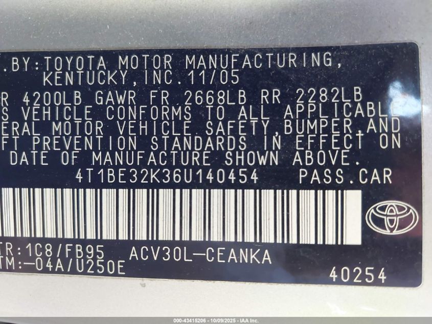 2006 Toyota Camry Le VIN: 4T1BE32K36U140454 Lot: 43415206