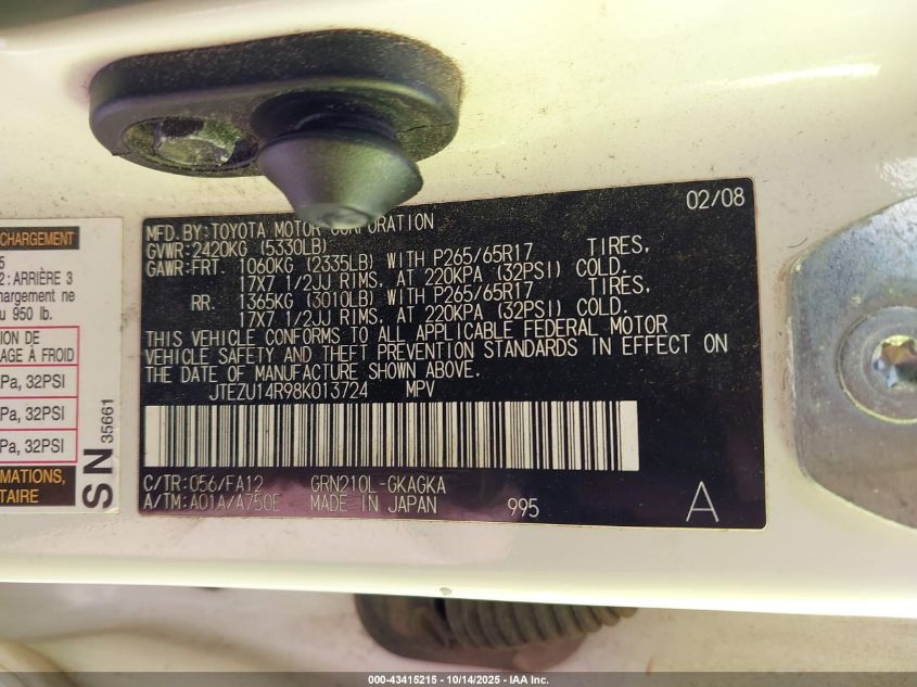 2008 Toyota 4Runner Sr5 V6 VIN: JTEZU14R98K013724 Lot: 43415215