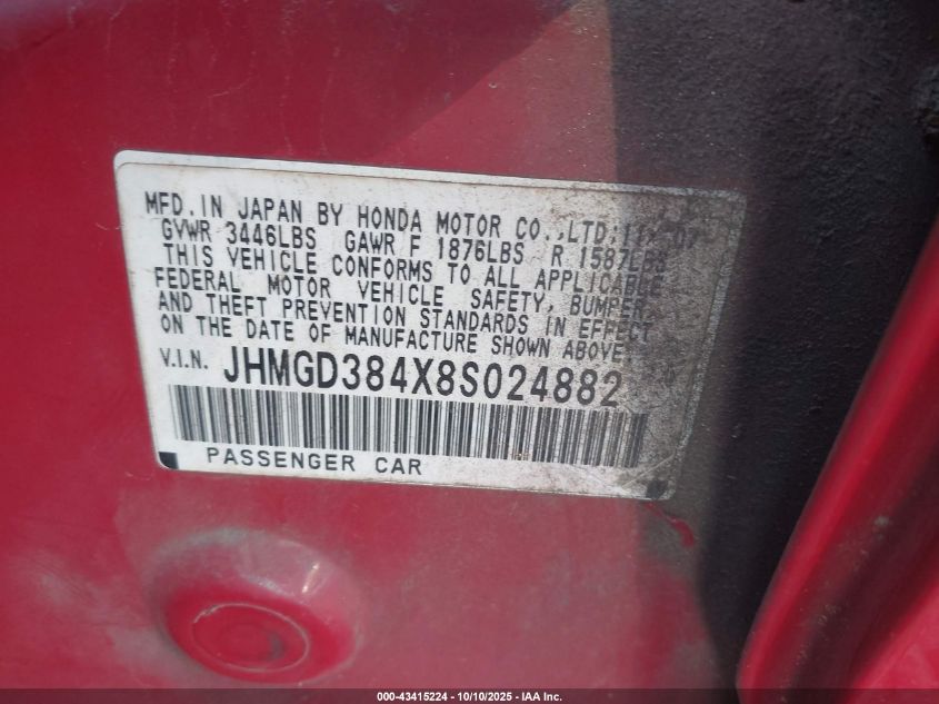 2008 Honda Fit VIN: JHMGD384X8S024882 Lot: 43415224