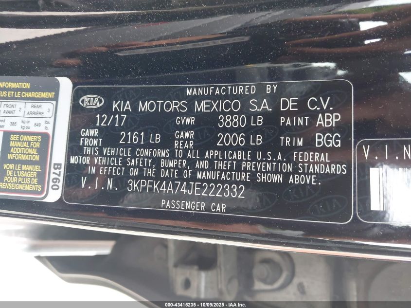 2018 Kia Forte Lx VIN: 3KPFK4A74JE222332 Lot: 43415235