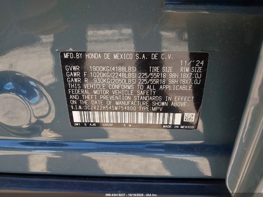 2025 Honda Hr-V Awd Sport VIN: 3CZRZ2H54SM754800 Lot: 43415237