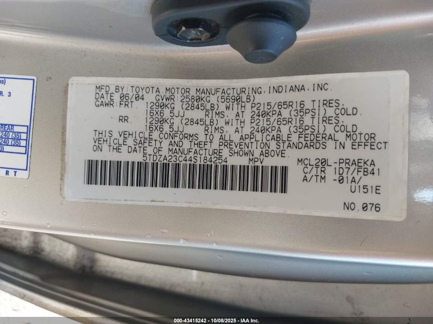 2004 Toyota Sienna Le VIN: 5TDZA23C44S184254 Lot: 43415242