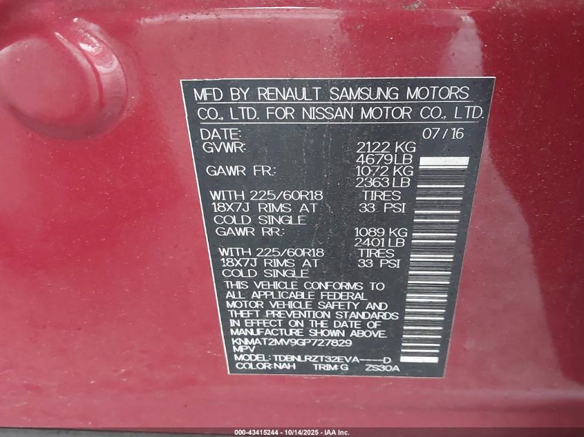 2016 Nissan Rogue Sl VIN: KNMAT2MV9GP727829 Lot: 43415244