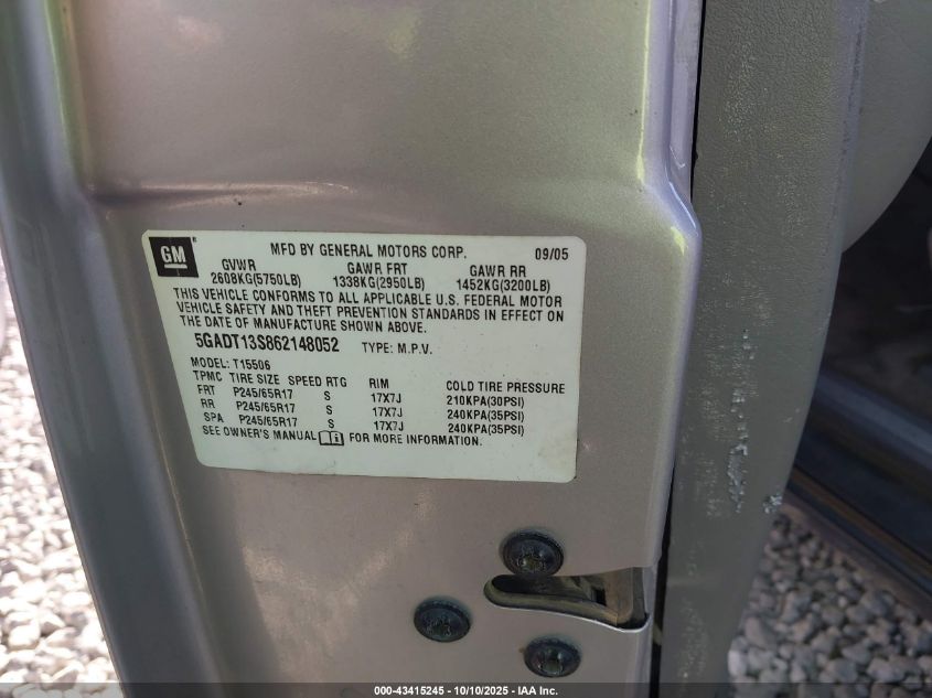 2006 Buick Rainier Cxl VIN: 5GADT13S862148052 Lot: 43415245