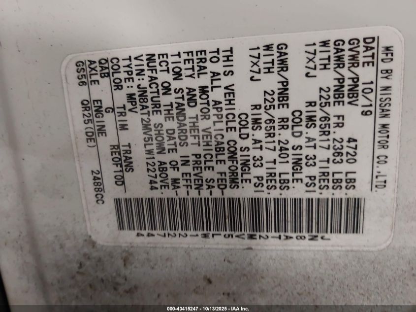 2020 Nissan Rogue Sv Intelligent Awd VIN: JN8AT2MV5LW122744 Lot: 43415247