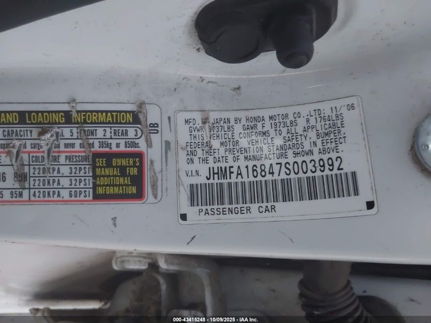 2007 Honda Civic Ex VIN: JHMFA16847S003992 Lot: 43415248