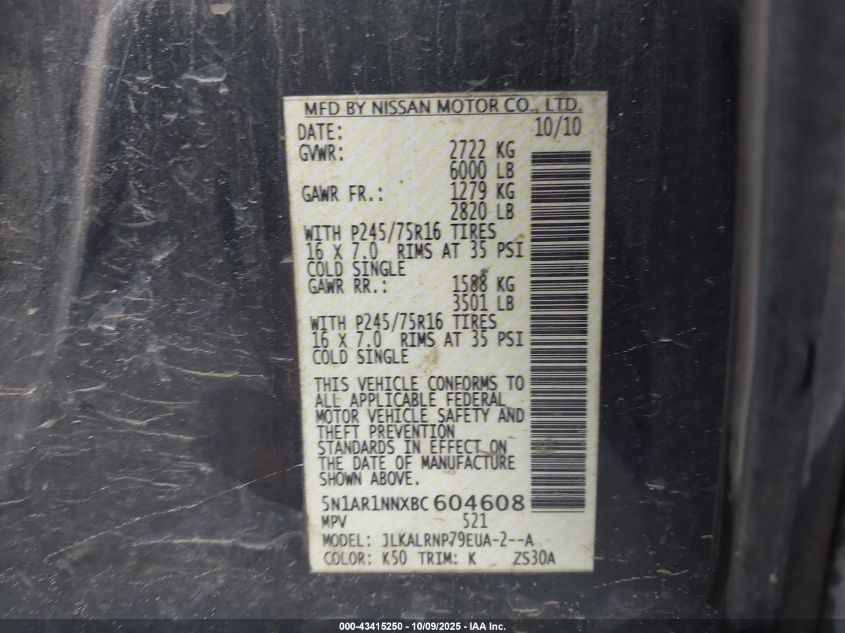 2011 Nissan Pathfinder S VIN: 5N1AR1NNXBC604608 Lot: 43415250