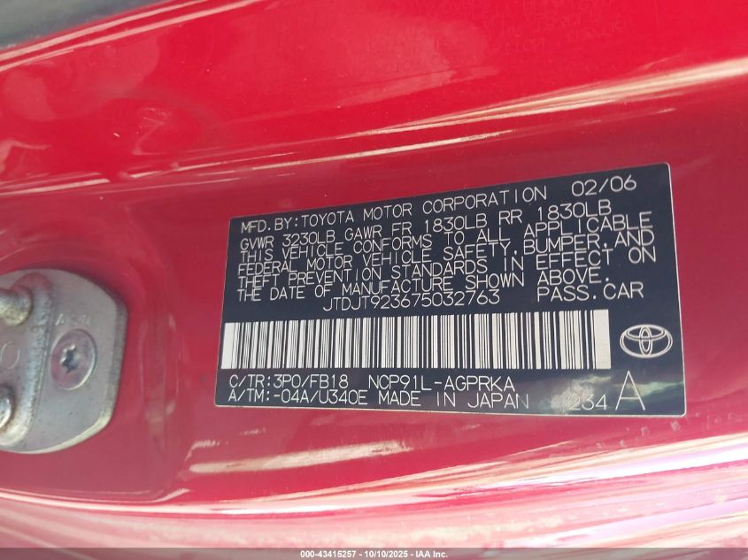 2007 Toyota Yaris VIN: JTDJT923675032763 Lot: 43415257