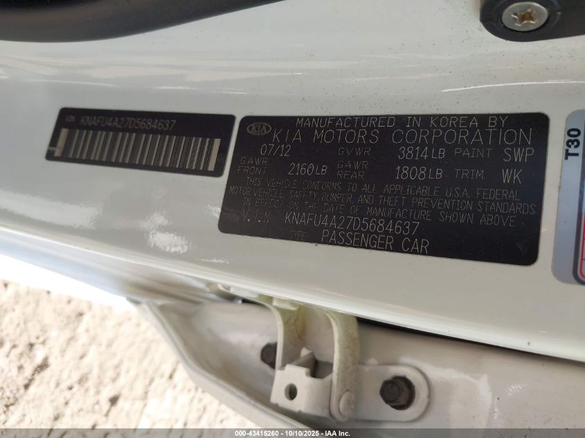 2013 Kia Forte Ex VIN: KNAFU4A27D5684637 Lot: 43415260