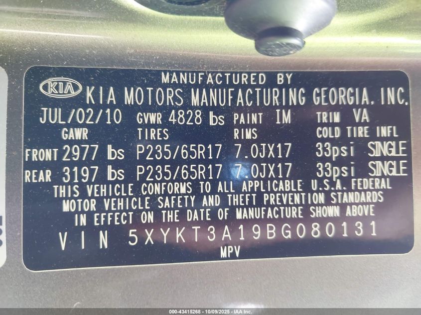 2011 Kia Sorento Lx VIN: 5XYKT3A19BG080131 Lot: 43415268