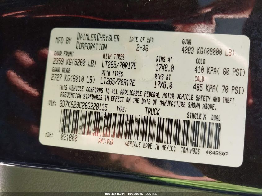 2006 Dodge Ram 2500 Slt VIN: 3D7KS29C26G228135 Lot: 43415281