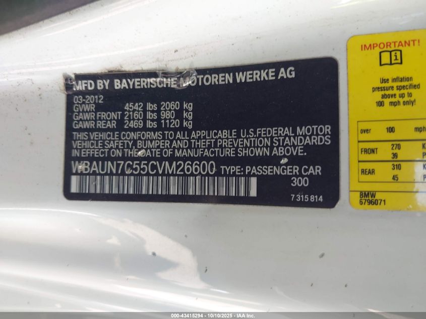 2012 BMW 135I VIN: WBAUN7C55CVM26600 Lot: 43415294