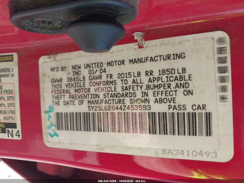 2004 Pontiac Vibe VIN: 5Y2SL62844Z453593 Lot: 43415296