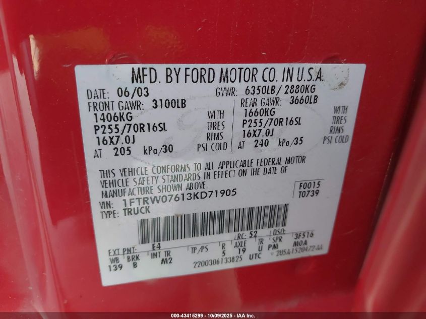 2003 Ford F-150 Lariat/Xlt VIN: 1FTRW07613KD71905 Lot: 43415299