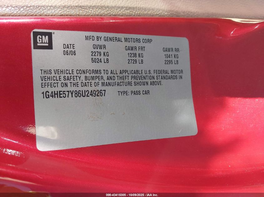 2006 Buick Lucerne Cxs VIN: 1G4HE57Y86U249267 Lot: 43415305