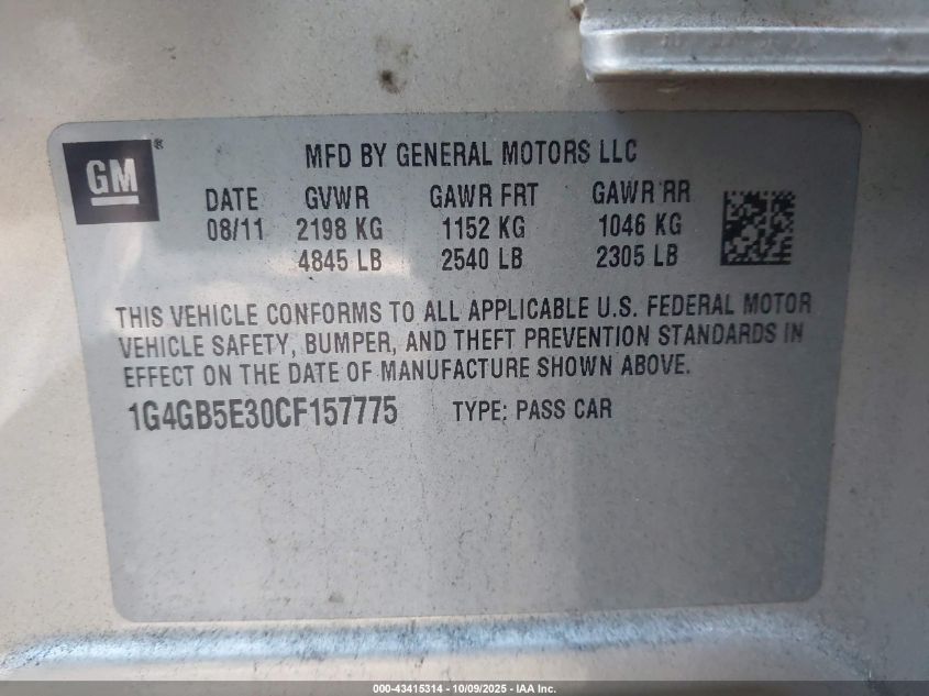 2012 Buick Lacrosse Convenience Group VIN: 1G4GB5E30CF157775 Lot: 43415314